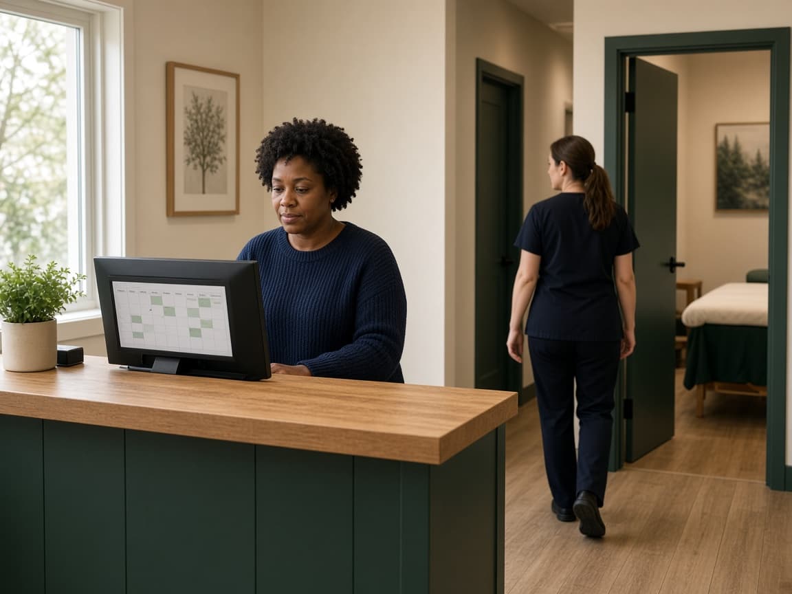 A clinic owner at the front desk with a practitioner heading to a treatment room.