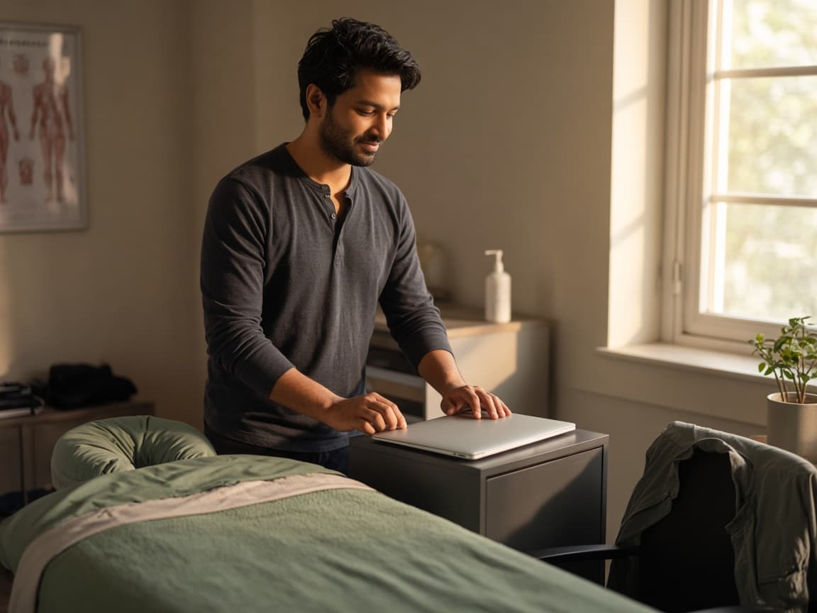 A massage therapist closing a laptop at the end of the day in a treatment room.