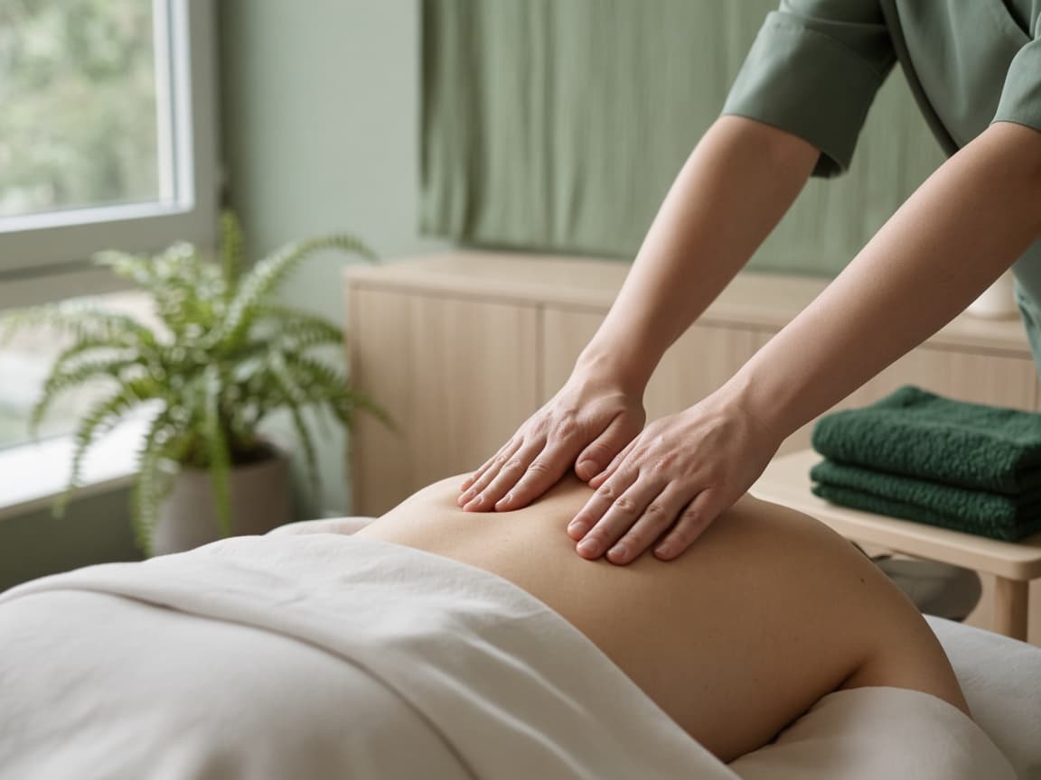 A registered massage therapist treating a client in a clinical treatment room.