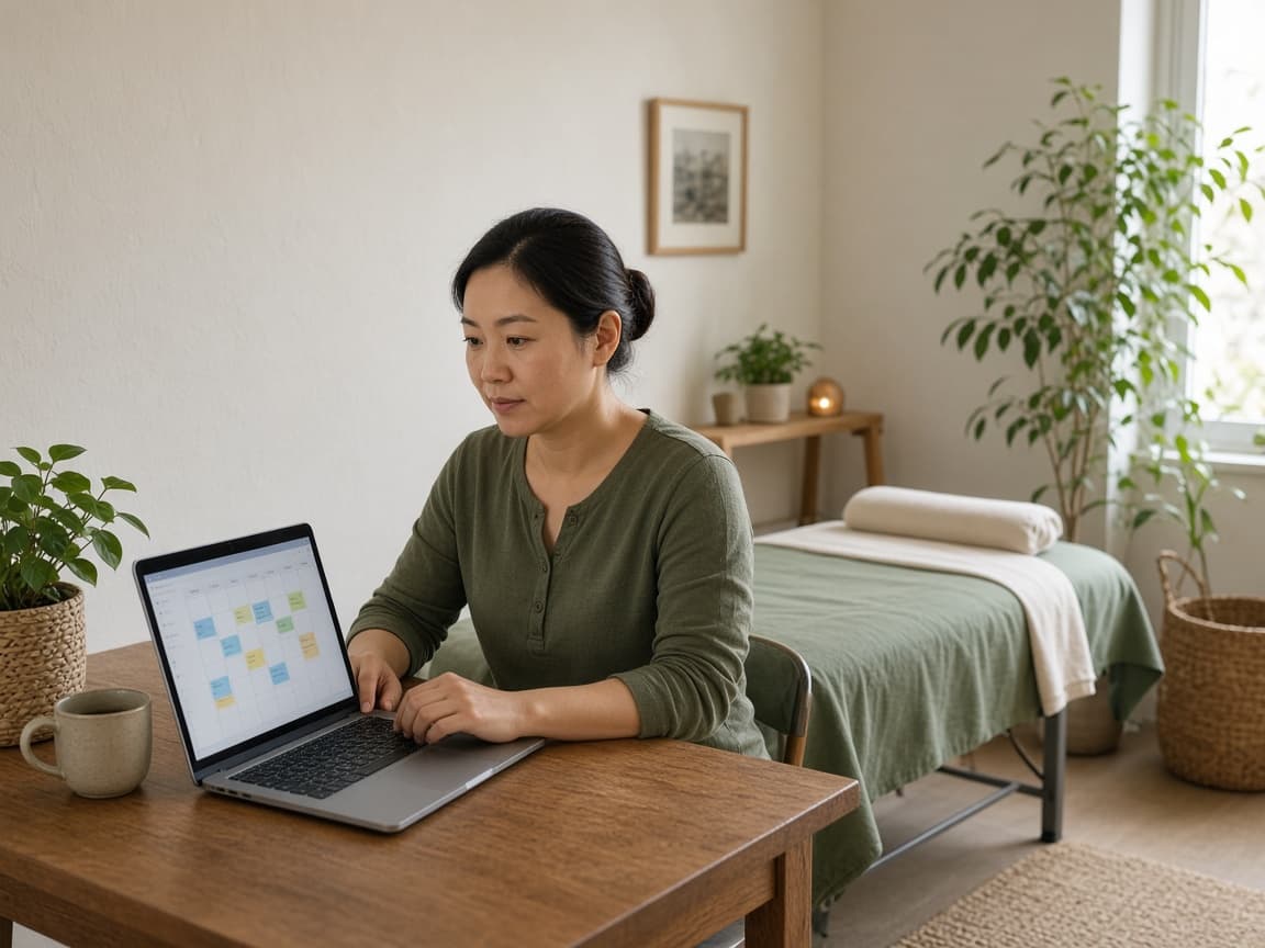 A solo massage therapist reviewing her schedule at a desk beside a treatment table.