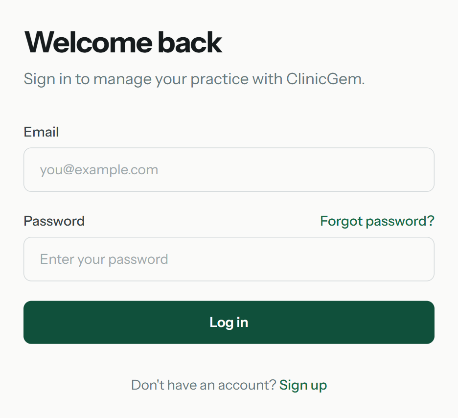 Welcome back sign-in form with Email, Password, Forgot password, and a Log in button.