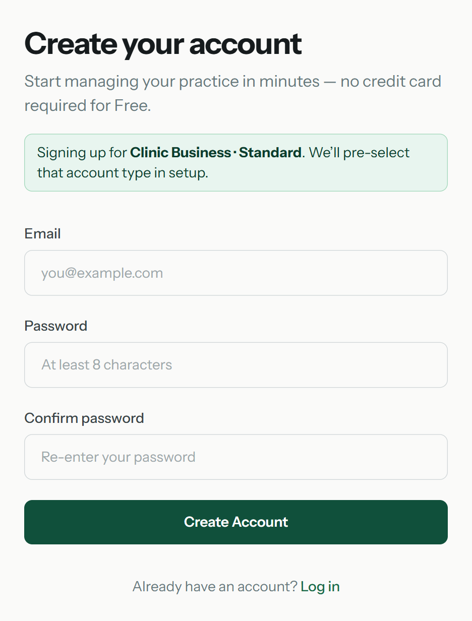 Create your account form showing a banner that says Signing up for Clinic Business · Clinic Standard.
