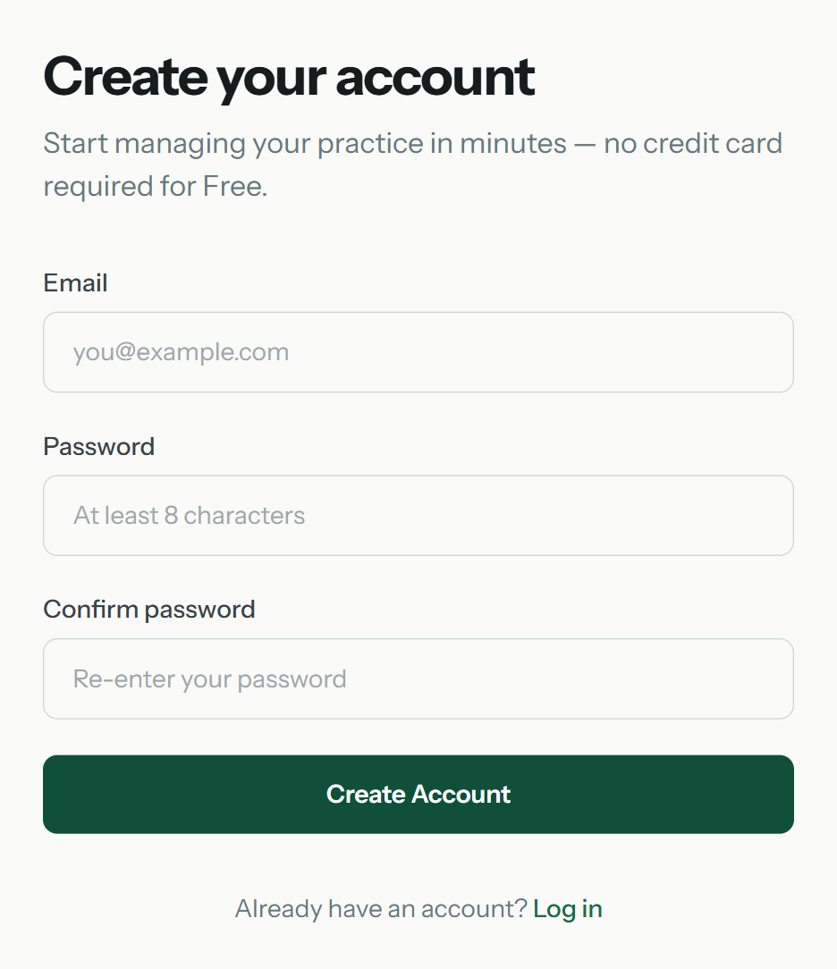 Create your account form with Email, Password, Confirm password, and a Create Account button.